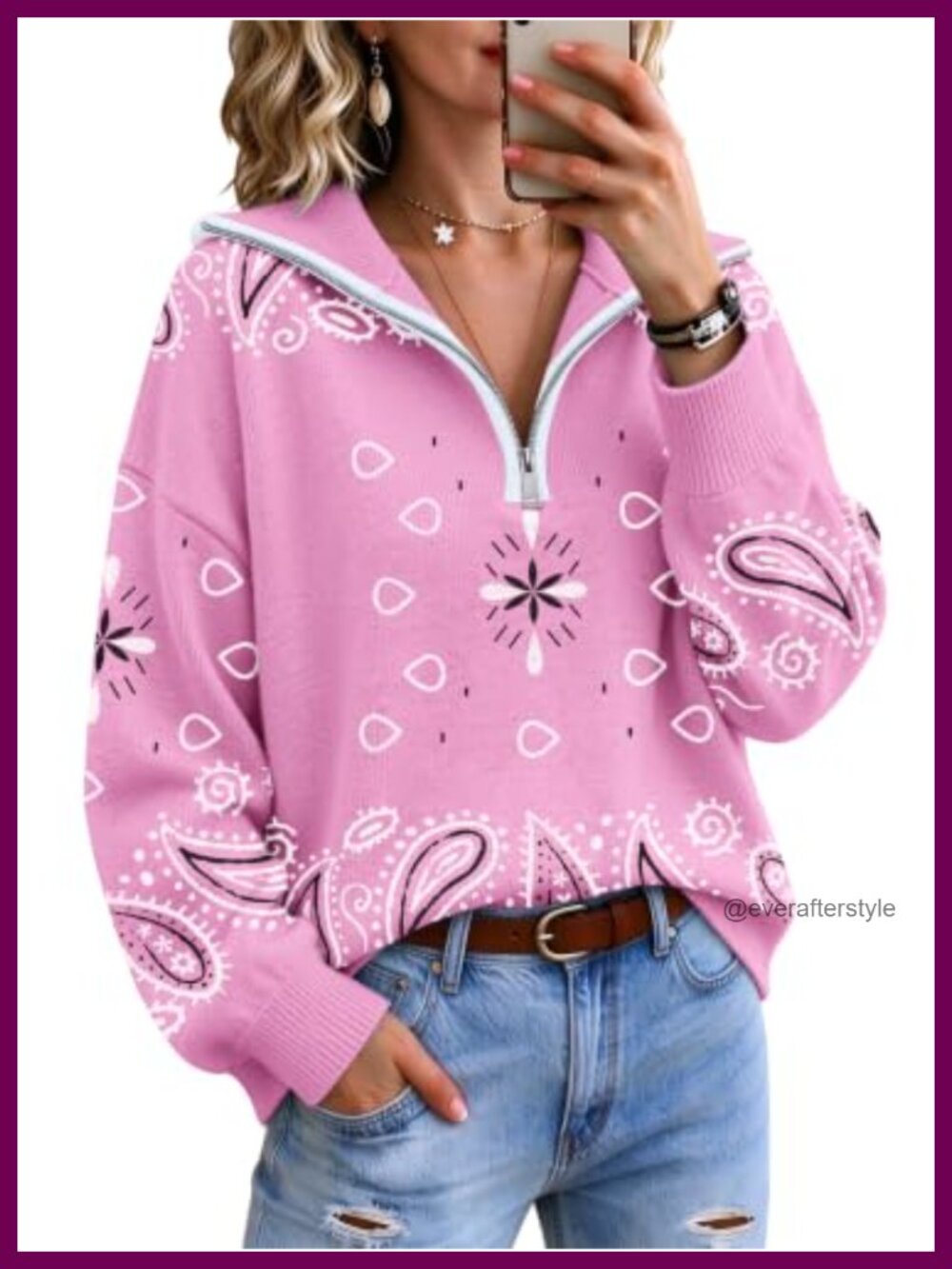 Quarter Zip Knit Sweater Long Sleeve Paisley Print Ribbed Pullover